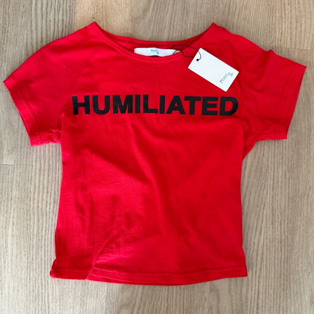 Red Graphic Short Sleeve Tee with HUMILIATED Print